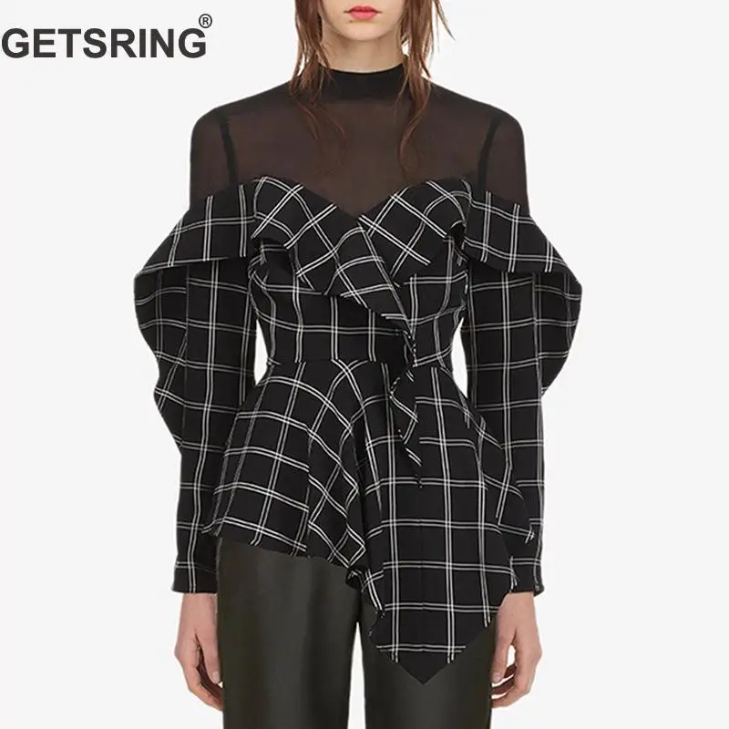 

GETSRING Women Blouses Mesh Spliced Chiffon Blouse Long Sleeve High Waist Irregular Plaid Black Shirt Women Tops Autumn Winter