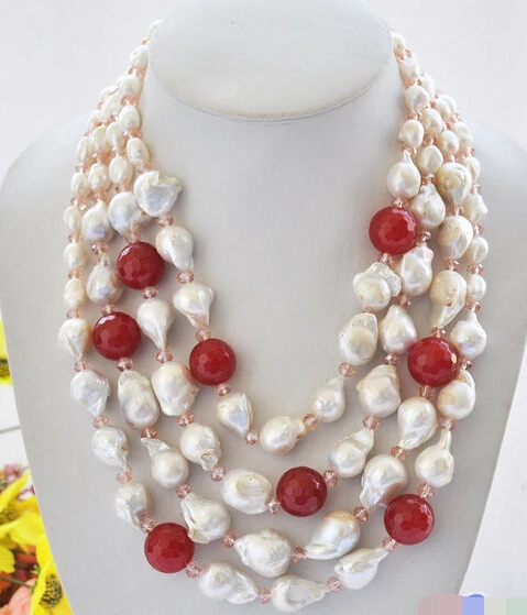 

HOT## Wholesale >>> P5009 4row 22" 25mm white baroque keshi reborn pearl red jade crystal NECKLACE