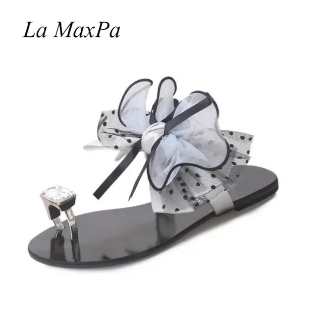 Women Slippers Ladies Summer Fashion Flat Heel Flower Bow Flip Flops Ladies Casual Heel Toe Soft Indoor Outdoor Beach Slippers