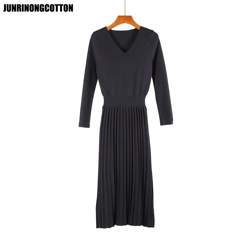 Junrinongхлопковое черное элегантное офисное женское платье с v-образным вырезом и рукавом три четверти, осенне-зимние модные женские плиссированные платья - Цвет: as picture