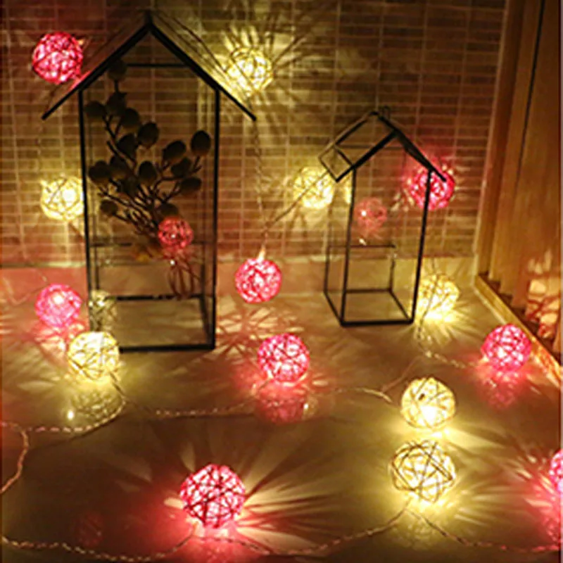 

New 10/20/30 Leds White+Pink Rattan Balls LED String Light Outdoor Christmas Wedding Party Decoration Lights Battery Operated