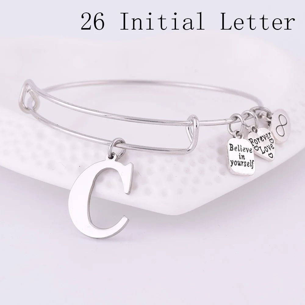 

2017 Expandable Stainless Steel Charm Bracelet Diameter Ancient Silver A-Z Initial Letter Charm Bracelet Adjustable Wire Bangle