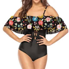 Гофрированный купальник большого размера женский плюс Монокини цветочный принт Badpak без бретелек Новинка большие утепленные купальные костюмы XXXL