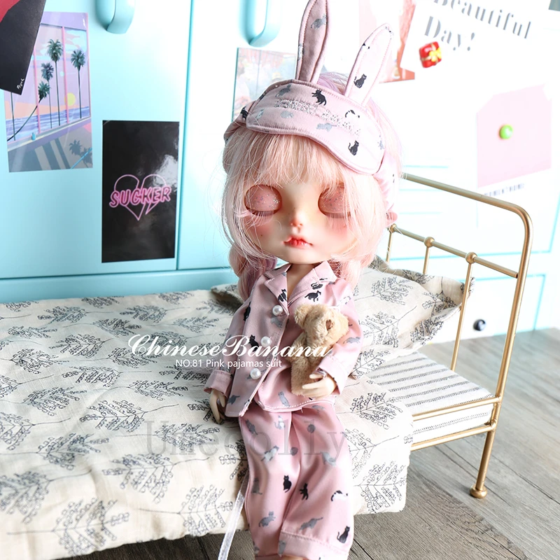 1 шт., высокое качество, милый розовый Пижамный костюм с кошкой(топ+ штаны+ повязка на глаза) для куклы Blyth, аксессуары для одежды