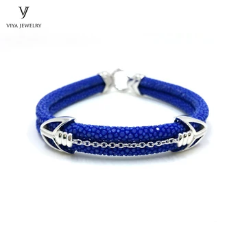 

Luxury Stingray Leather Cords Bracelets For Men 925 Sterling Silver Material Classic Arrow Hardware Bracelet With Blue Stingray