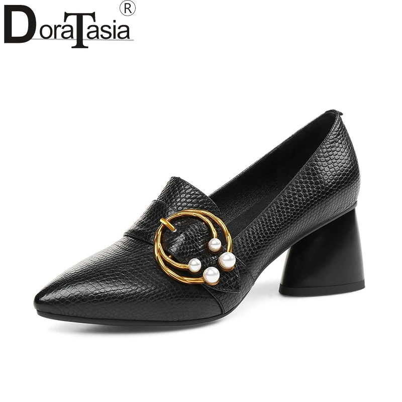 

DoraTasia Large Size 33-43 Sheepskin Genuine Leather Metal Decoration High Heels Women Shoes Fashion Pumps