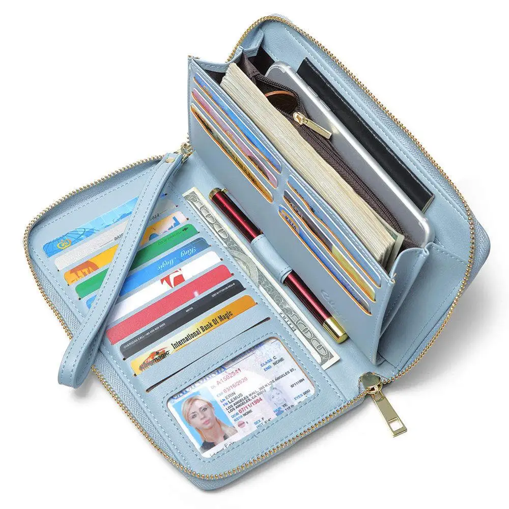 Женский кошелек, большой кожаный дизайнерский, на молнии, держатель для карт, для мобильного телефона, карман, органайзер, для девушек, для путешествий, клатч, браслет - Цвет: blue wallet