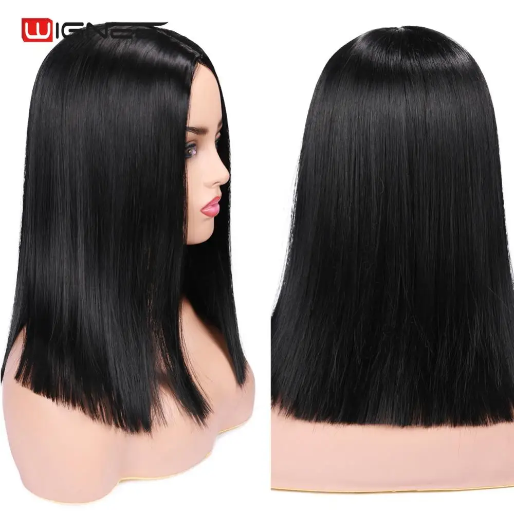 Acheter Wignee naturel noir cheveux courts raides perruques synthétiques pour les femmes résistant à la chaleur Yaki cheveux moelleux rose brun blond naturel perruque