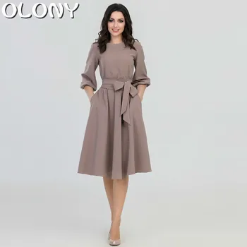 

Solid Color Round Neck Slim Retro Dress Casual Elegant 2019 OLONY