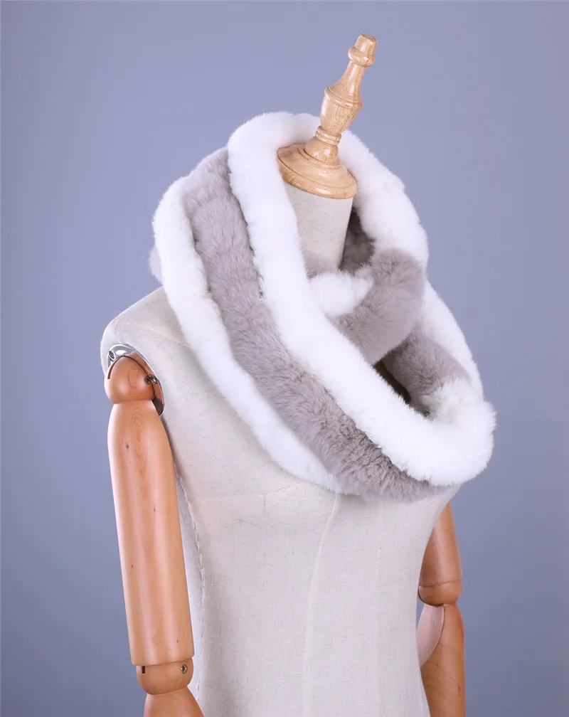 Роскошный брендовый настоящий мех кролика женский зимний теплый шарф круглые шарфы Лоскутные бесконечные кольца снуд - Цвет: WHITE GREY
