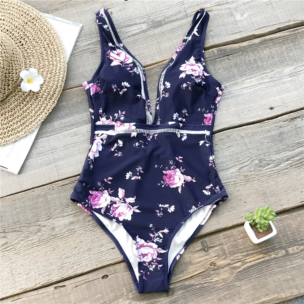 SEASELFIE Floral Print Hollow V neck One-Piece Swimsuit Women Purple Backless Monokini Swimwear Girl Beach Bathing Suits