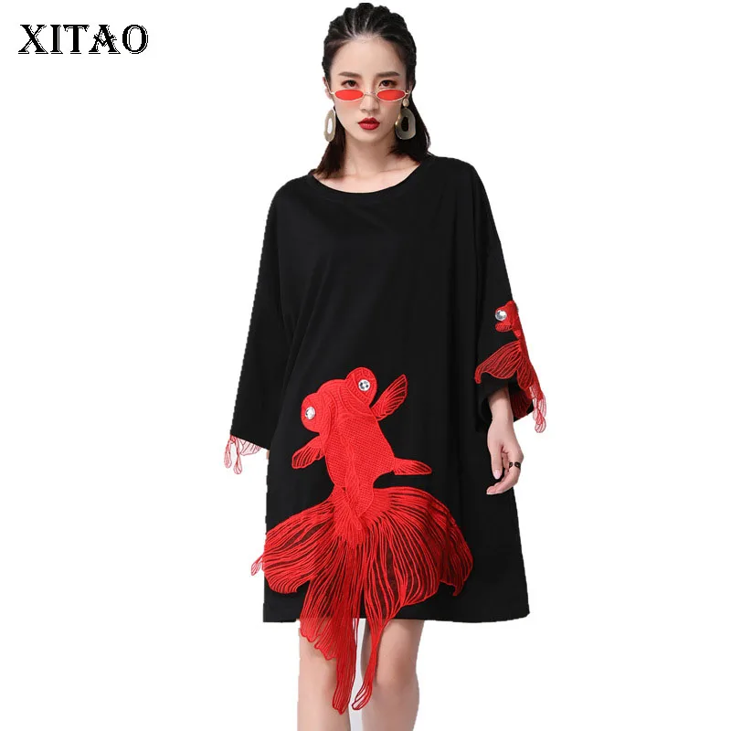 

[XITAO] Korea Fashion New Women Spring Autumn O-neck Full Sleeve A-line Loose Dress Female Solid Color Embroidery Dress ZLL1052