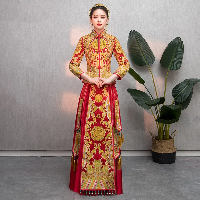 Высокое качество Красный традиционное китайское свадебное платье Cheongsam ручной вышитое платье-чанпао кисточкой платья Ретро Халат