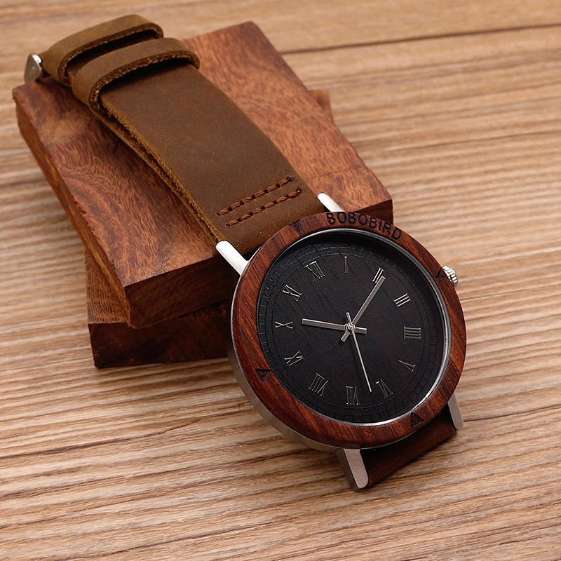 BOBO BIRD Mens Wooden Bezel Watches Vintage Light Style Wood Wrist Watches With Leather Band In Wood case relojes hombre oem