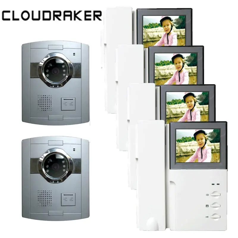 

CLOUDRAKER Video Intercom System 4 x 4.3 Inch Monitor with 2x Video Door Phone Camera Wired Intercom IR Night Vision Unlock