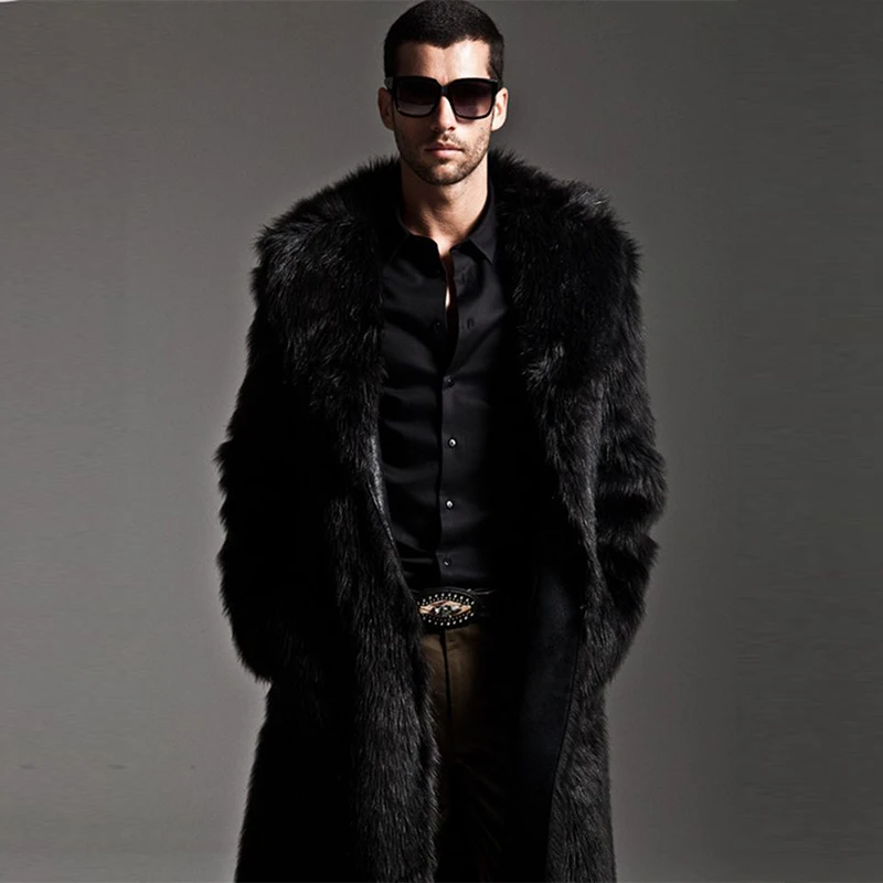 Men's Faux Fur Long Coat Brown/black Warm And Comfortable Winter New Brand Maylooks Hn128