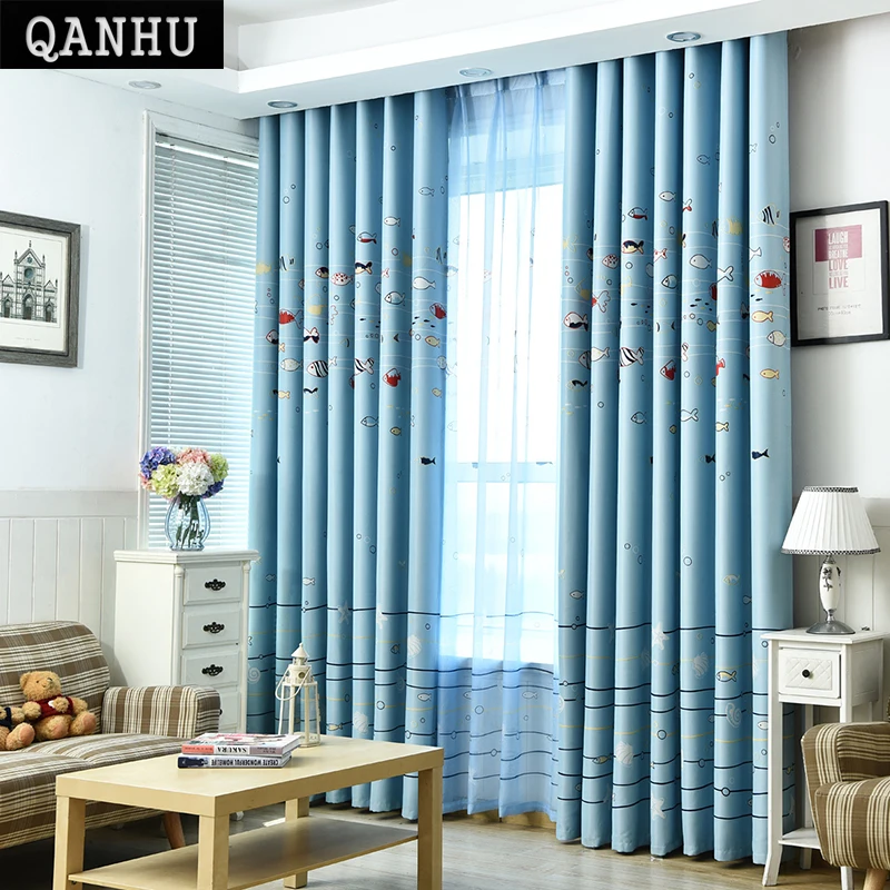 

QANHU Cute Design Blue Blackout Window Curtain Panel for Children Room Baby Room Modern Living Room Japanese Curtains plf-8