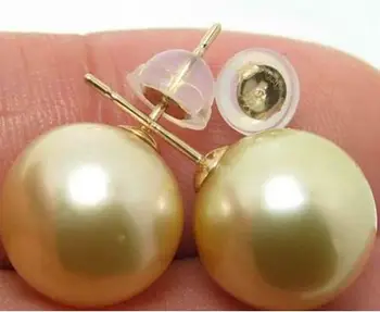 

free shipping luxury Noble jewelry charming pair of 13-14mm round south sea gold pearl earring