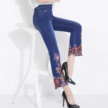 Весна для женщин вышивка стрейч Flare джинсовые брюки, летние дизайнерские женские ботильоны длина вышитые джинсы брюки для девочек