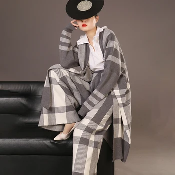 

LANMREM High Quality Two Pieces Pants Set For Women 2020 New Fashion Grey Plaid Knit Cardigans Coat + Loose Wide Leg Pants YH142