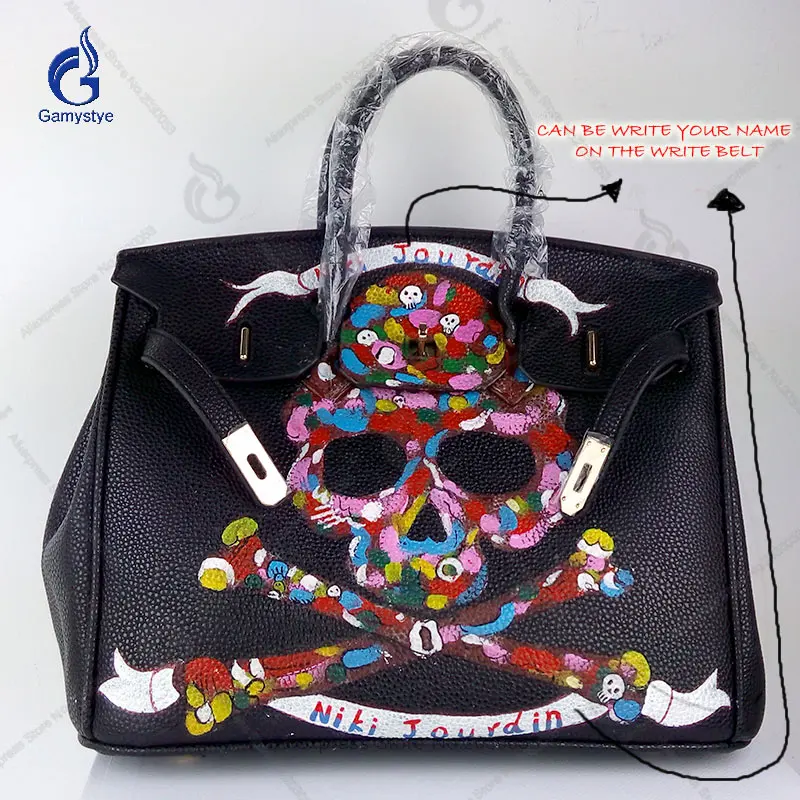 

Multicolor Skull Rock and Roll Punk Skull Hand Draw Customize Purses Genuine Leather handbags bags for women 2018 Brand Design