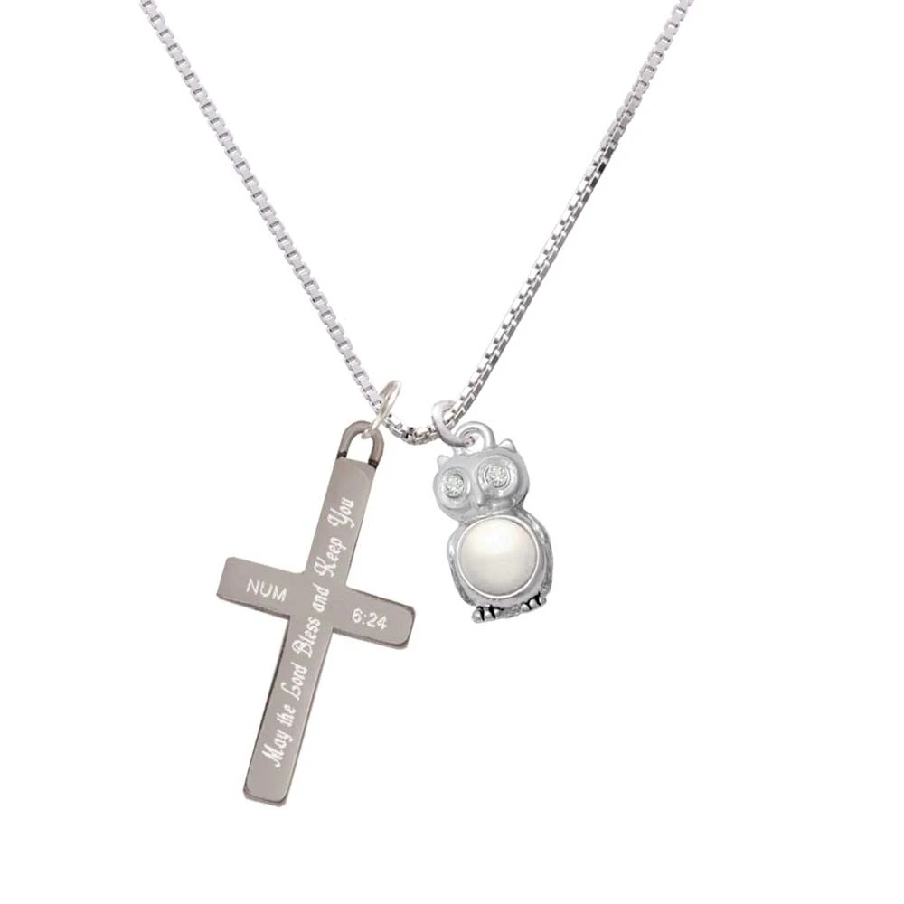 3-D Imitation Pearl & Clear Crystal Owl - Bless and Keep You - Cross Necklace