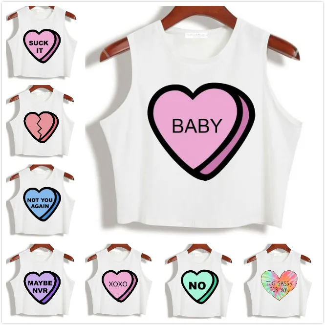 

Harajuku Heart Letters Pink Print Women Summer Crop Top Slim Shirt For Lady Tank Top Tee Hipster Latest White TZ203-29