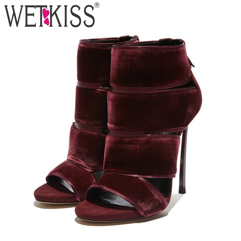 

WETKISS Pleuche Unusual High Heels Women Ankle Boots Open Toe Footwear Summer Party Female Boot Zip Shoes Woman 2019 Spring New