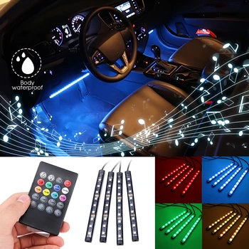 

4Pcs 9LED Remote Control Colorful RGB Car Interior Floor Decorative Lights 4 LED Strip Light 1 Remote 1 Car charger etc