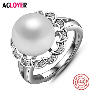 

925 Silver Ring 10mm Freshwater Natural Pearl Charm Women Open 100% Sterling Silver Ring Female Jewelry