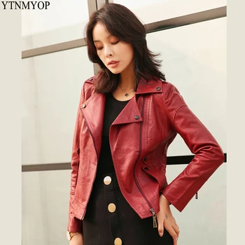 

YTNMYOP Leather Jacket Women Fashion Burgundy Colors Motorcycle Coat Short Faux Leather Biker Jacket Soft Jacket Female Suede