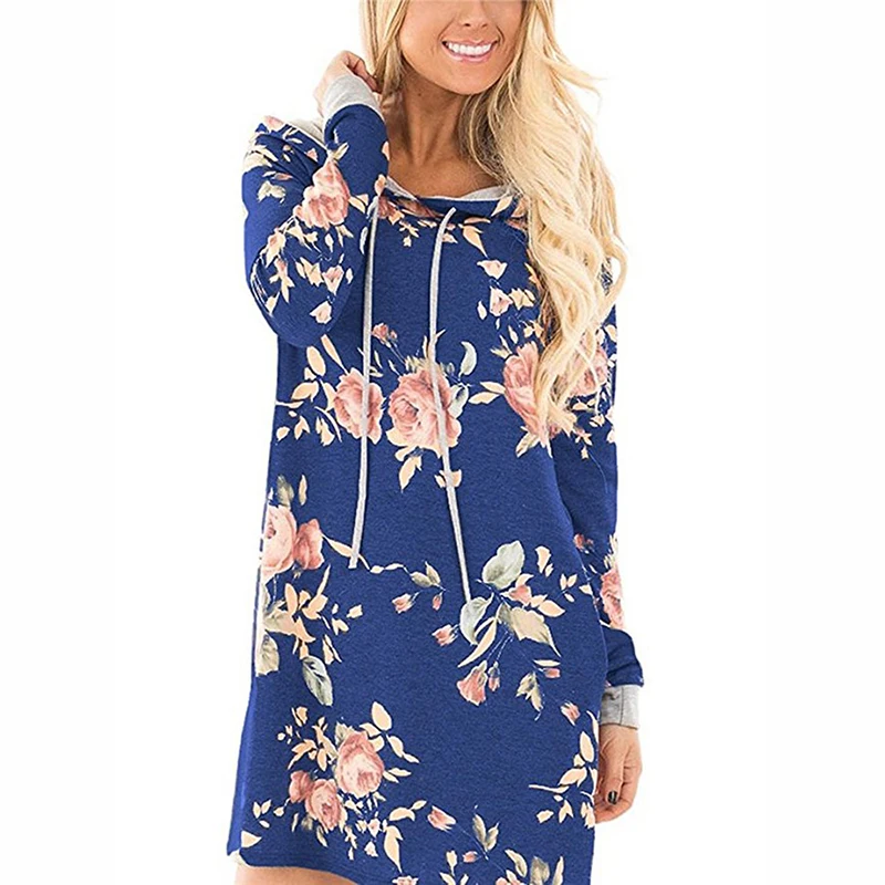 Womens Floral Hooded T-shirt Dress Ladies Long Sleeve Casual Holiday Short Dress