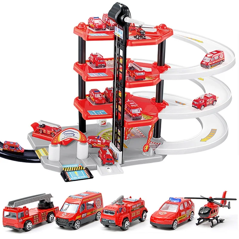 

Four-storey DIY fire truck alloy track car for children's large track parking lot No box