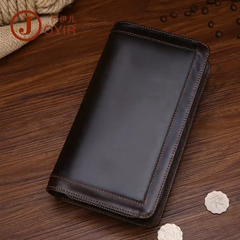 

Amazon selling leather hand bag Men head layer cowhide oil wax hand caught Double zipper long purse