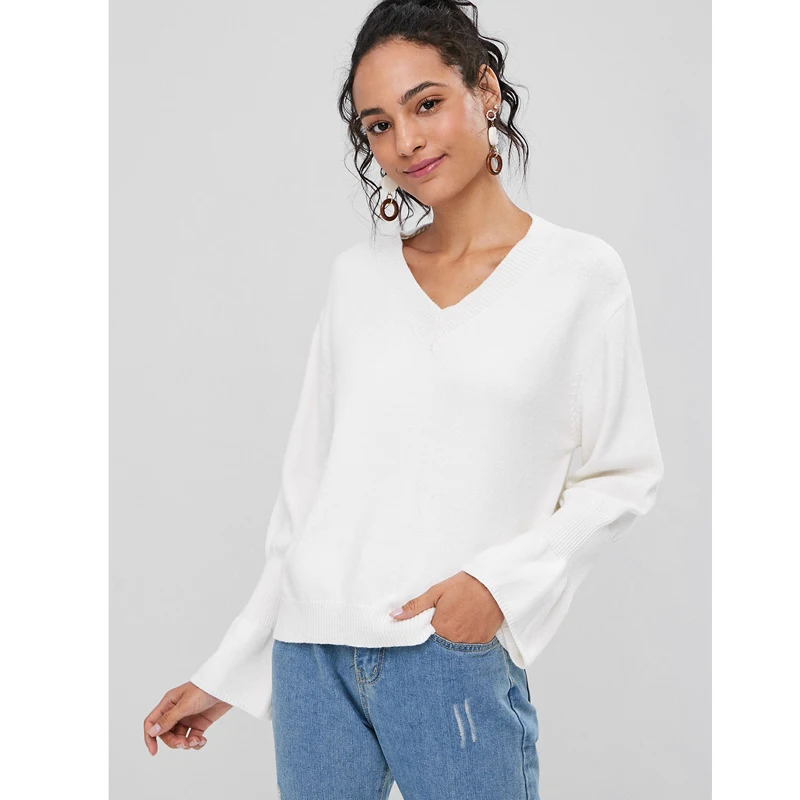 SexeMara 2018 Women White Sexy Deep V Neck Autumn Fall Winter Elastic Slim Sweater Warm Casual Pullovers | Женская одежда