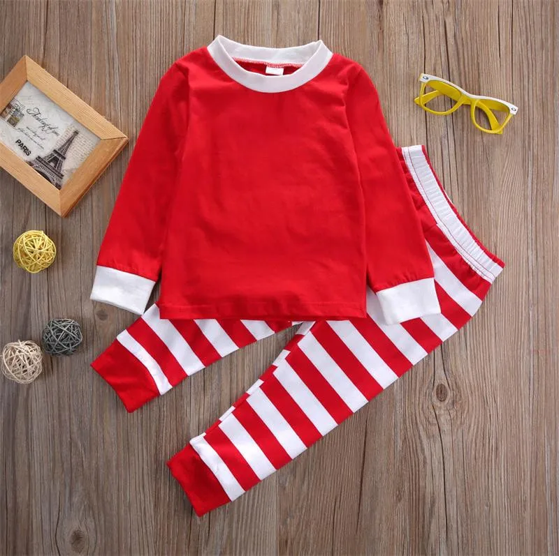 Комплект одежды из 2 предметов для маленьких мальчиков и девочек, Рождественская Однотонная футболка, полосатые штаны, пижама, комплект одежды для сна