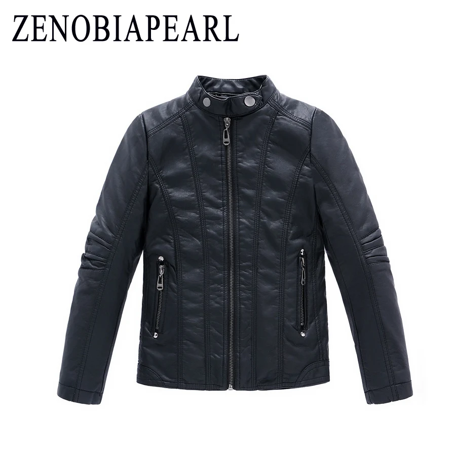 Kids Black Boy Jacket Trench Coat Turn-down Collar Leather Outwear Full Zips UP