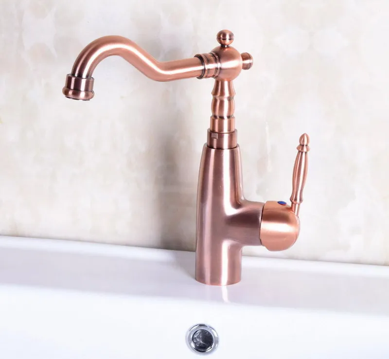 Vintage Red Copper Antique Brass Single Handle Swivel Spout Bathroom Basin Kitchen Sink Faucet Cold & Hot Mixer Tap anf131