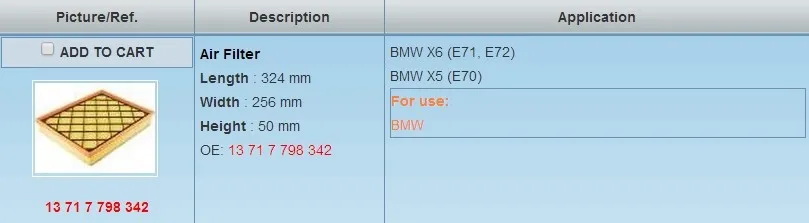 Воздушный фильтр для BMW E70-X5 3.0sd xDrive35d. E71/E72-X6 35d xDrive35d OEM: 13717798342# RK573