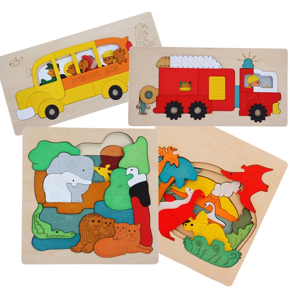 1 Set Wooden Puzzle font b Toys b font Kids Dinosau Animal Transport Multi dimensional 3D