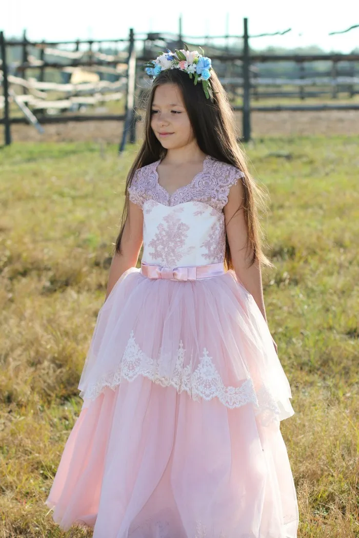 Pearl Pink Lace Flower Girl Dresses for Weddings 2017 Ball Gown Floor