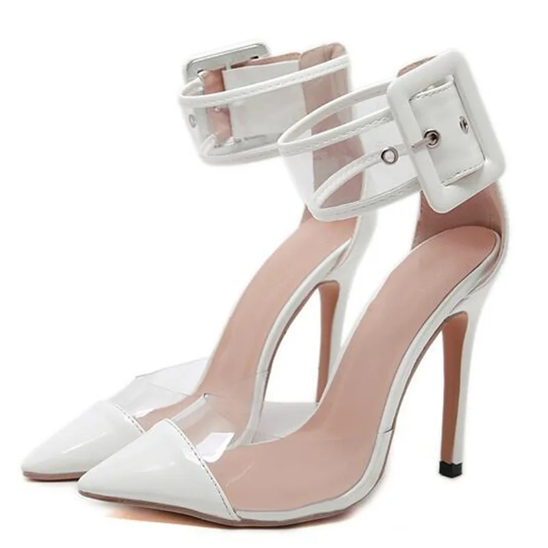 BAYUXSHUO/женские босоножки на высоком каблуке в римском стиле с острым носком на шпильке; Летняя женская обувь для вечеринок; удобные прозрачные босоножки с ремешком - Цвет: Белый