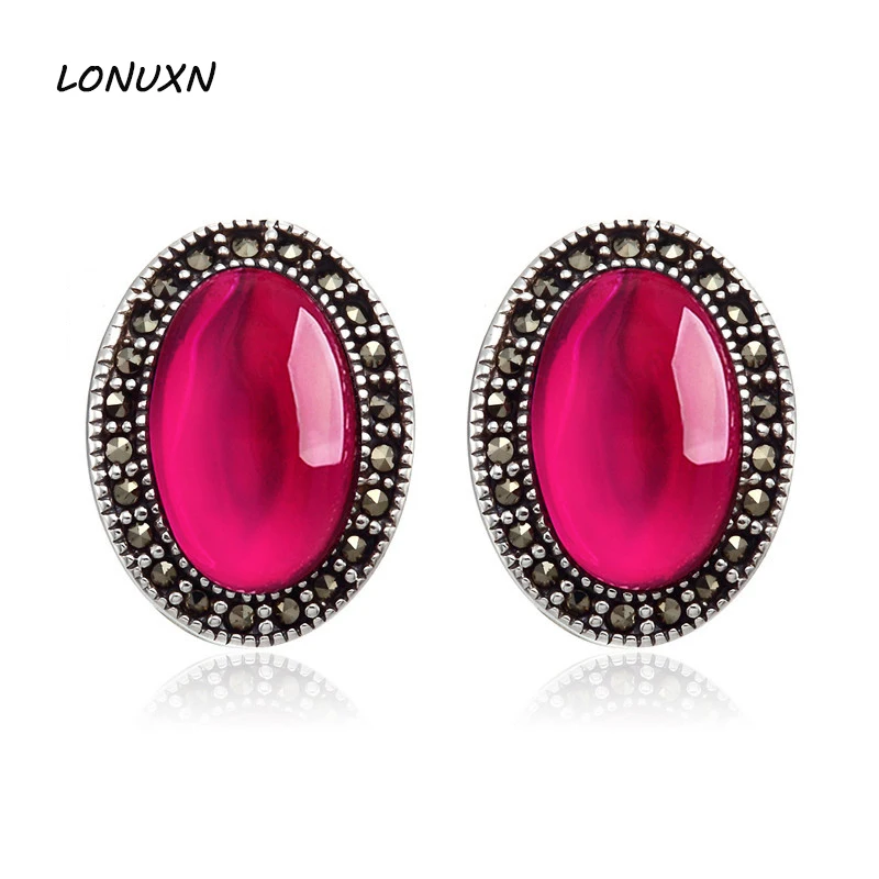 

925 Sterling silver red corundum Retro red Natural semi-precious stones stud Earrings round Women jewelry girlfriend best gift