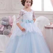 Платье с коротким рукавом с пикантными кружевными аппликациями и поясом, милое бальное платье принцессы с бантом, Платья с цветочным узором для девочек на свадьбу, Первое причастие