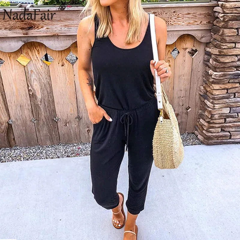 

Nadafair Casual Jumpsuits Women 2019 New Summer Streetwear Pockets Drawstring Lace Up Strap Sexy Rompers Overalls Long Pants
