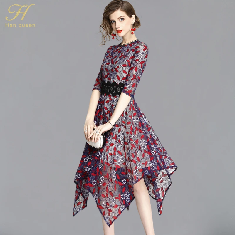 

H han queen Summer New Women's Lace Dress Floral Crochet Hollow Out Vestido irregular Casual Slim Office Slim Party Dresses