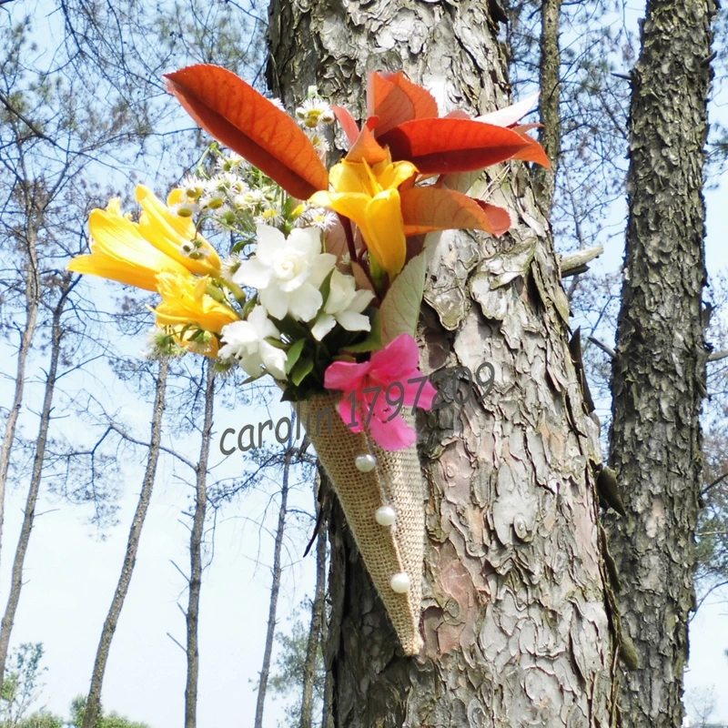 12pcs burlap jute Hessian Pew Cone Flower Holder Organizer with