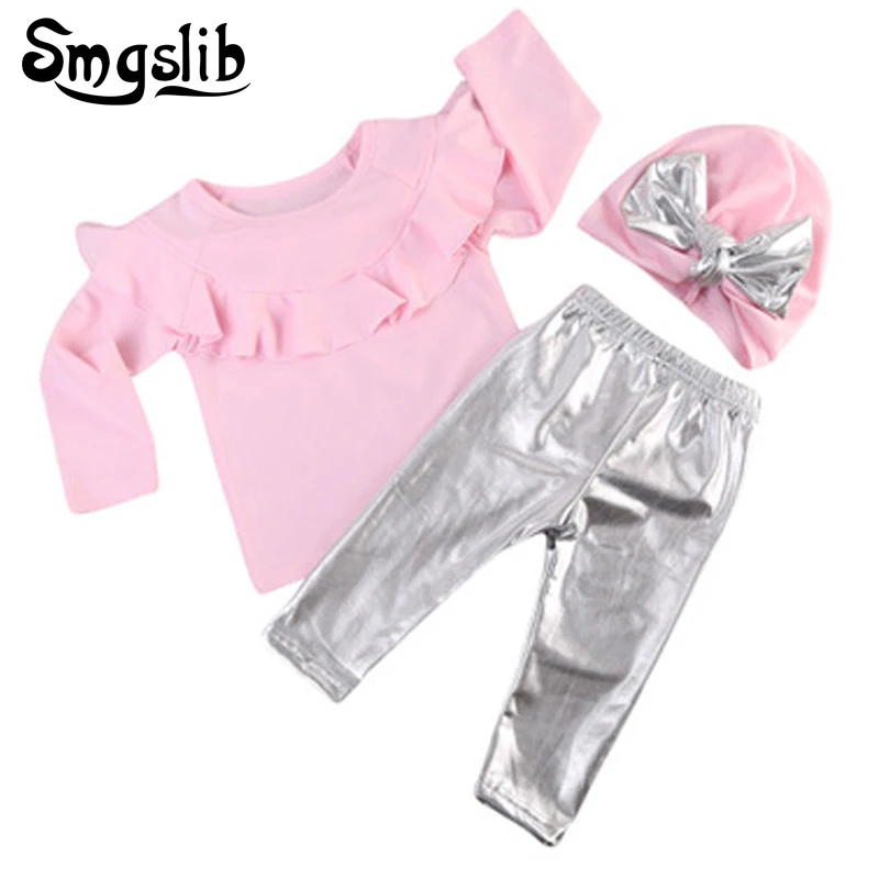 

3PCS Set baby clothes girl Spring Toddler Kids Ruffle Tops+Silver Pants bow Headband Outfit Set Newborn Clothes 1st birthday