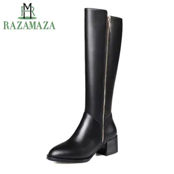 

ZALAVOR Women Real Leather High Heels Boots Pointed Toe Over Knee Zipper Rivetes Square Heels Winter Boots Size 31-45