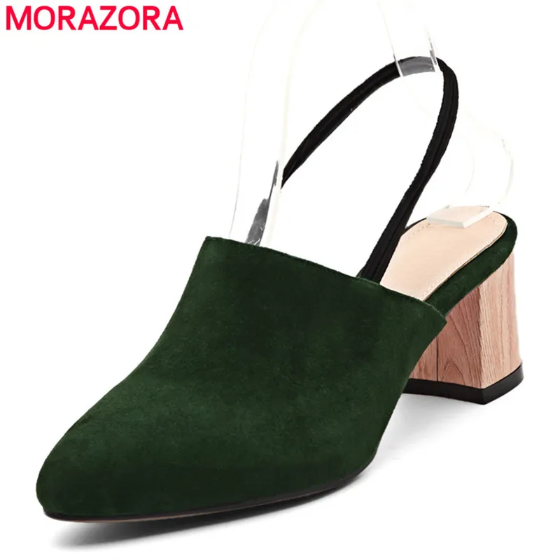 melhor MORAZORA 2018 nova moda apontou toe verão sapatos deslizar sobre as mulheres sapatos quadrados sapatos de salto alto sapatos de festa sandálias de camurça de couro